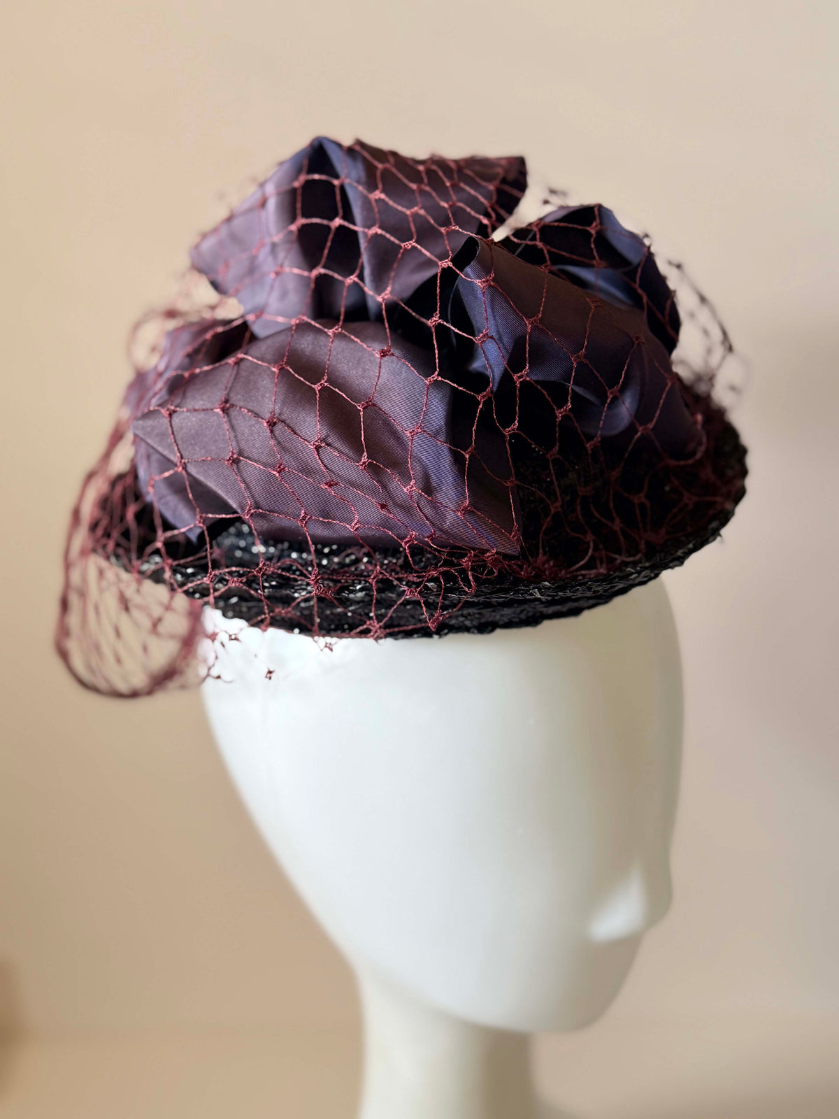 Vintage 1940s Black Straw Cocktail Hat Burgundy Face Veil Satin Bow Women's WWII Era Mid Century Millinery