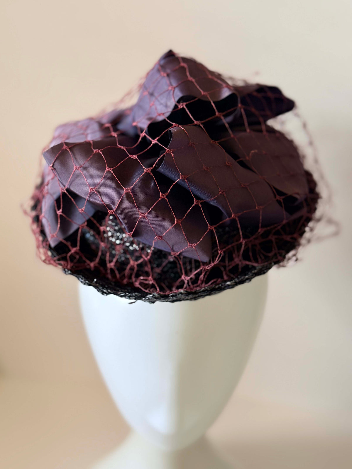 Vintage 1940s Black Straw Cocktail Hat Burgundy Face Veil Satin Bow Women's WWII Era Mid Century Millinery