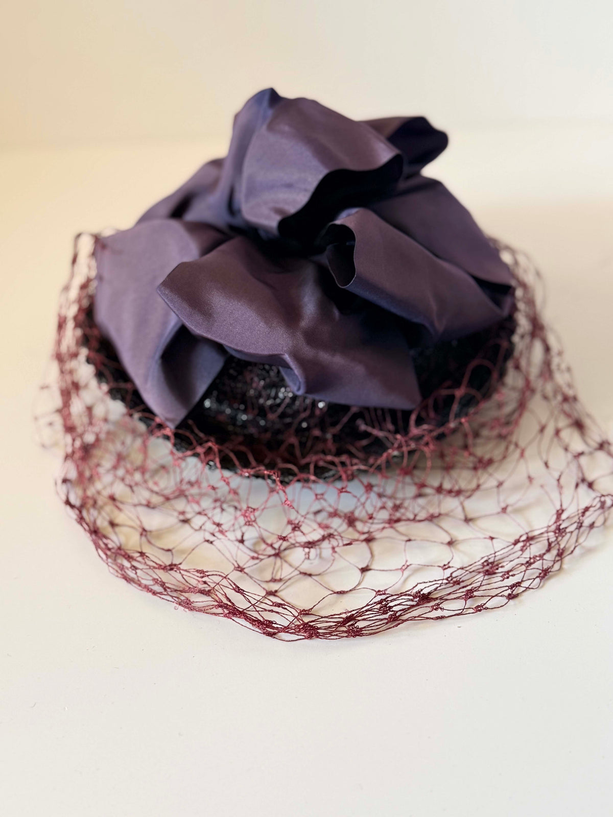 Vintage 1940s Black Straw Cocktail Hat Burgundy Face Veil Satin Bow Women's WWII Era Mid Century Millinery