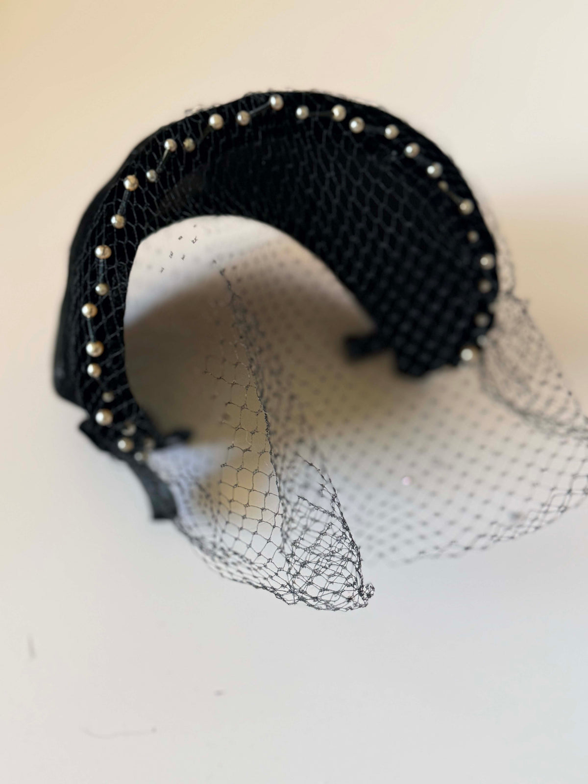 Vintage 1940s Black Velvet Half Hat Pearl Beaded Trim Face Veil Bow Women's Cocktail Evening Bridal Millinery