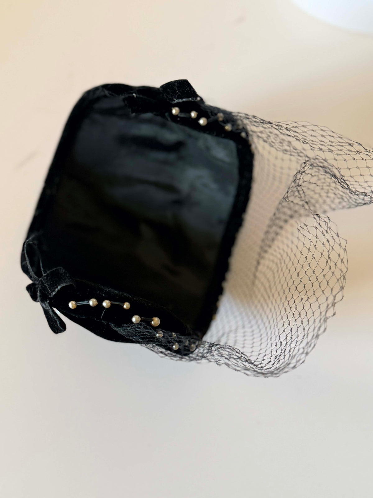 Vintage 1940s Black Velvet Half Hat Pearl Beaded Trim Face Veil Bow Women's Cocktail Evening Bridal Millinery