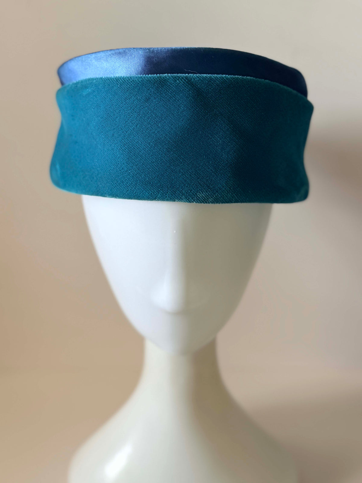 Vintage 1960s Teal Blue Green Velvet Pillbox Hat Navy Satin Trim Bow Women's Mid Century Mod Cocktail Millinery