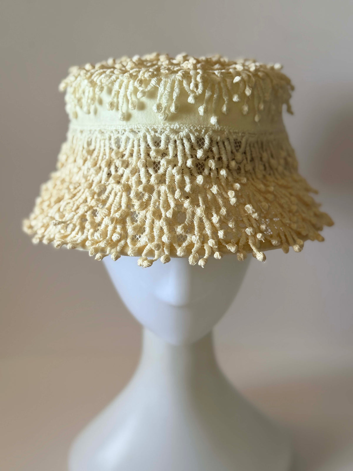 Vintage 1960s Ivory Cream Fringe Bucket Hat Textured Loop Trim Mod Bridal Wedding Women's Mid Century Millinery