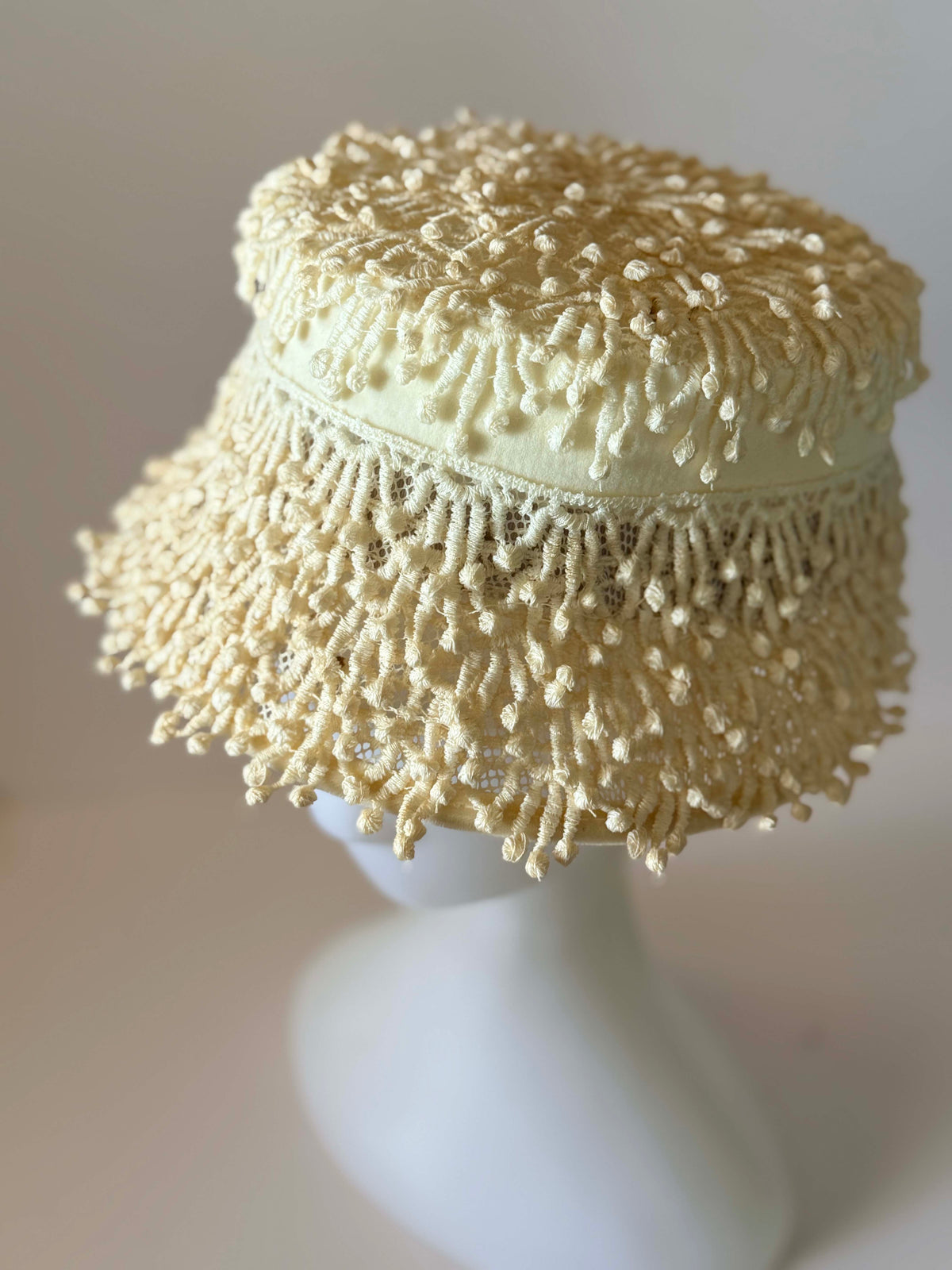 Vintage 1960s Ivory Cream Fringe Bucket Hat Textured Loop Trim Mod Bridal Wedding Women's Mid Century Millinery