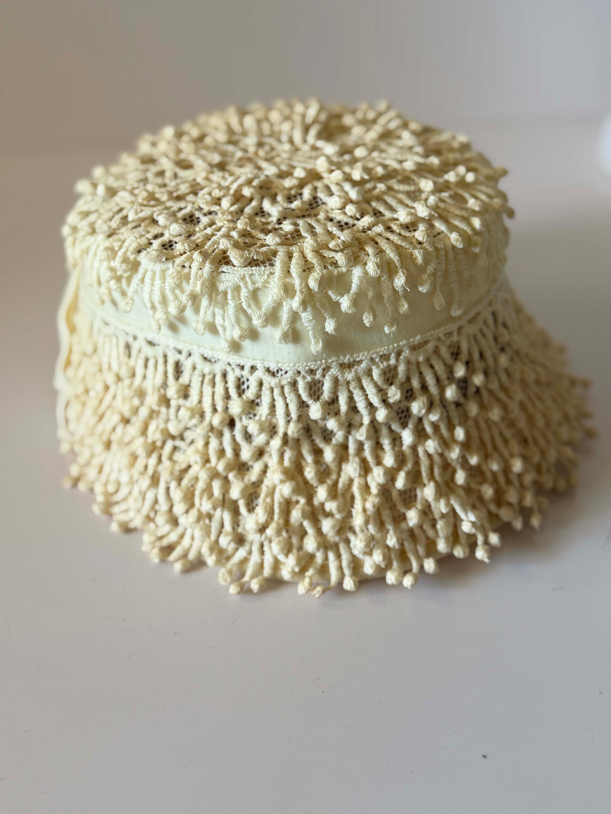 Vintage 1960s Ivory Cream Fringe Bucket Hat Textured Loop Trim Mod Bridal Wedding Women's Mid Century Millinery