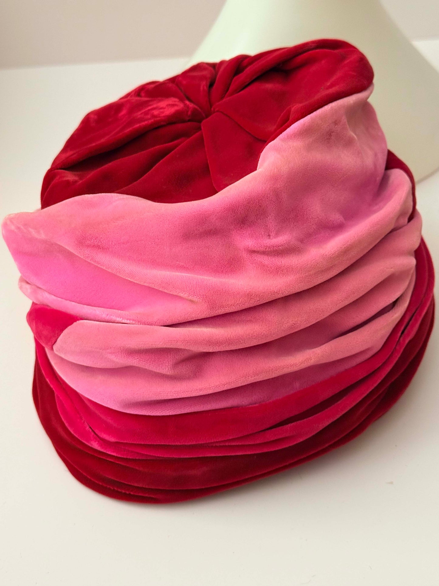 Vintage 1950s Pink Ombre Velvet Turban Hat – Red to Blush Velvet Draped Cloche Hat Evening Cocktail Hat
