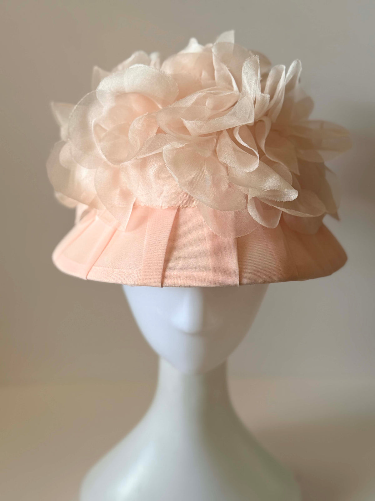 Vintage 1960s Blush Pink Pleated Cocktail Hat Sheer Organza Floral Ruffle Trim Women's Mid Century Millinery Bridal Hat