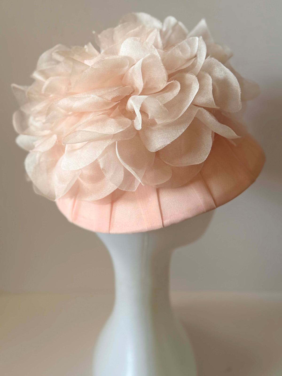Vintage 1960s Blush Pink Pleated Cocktail Hat Sheer Organza Floral Ruffle Trim Women's Mid Century Millinery Bridal Hat