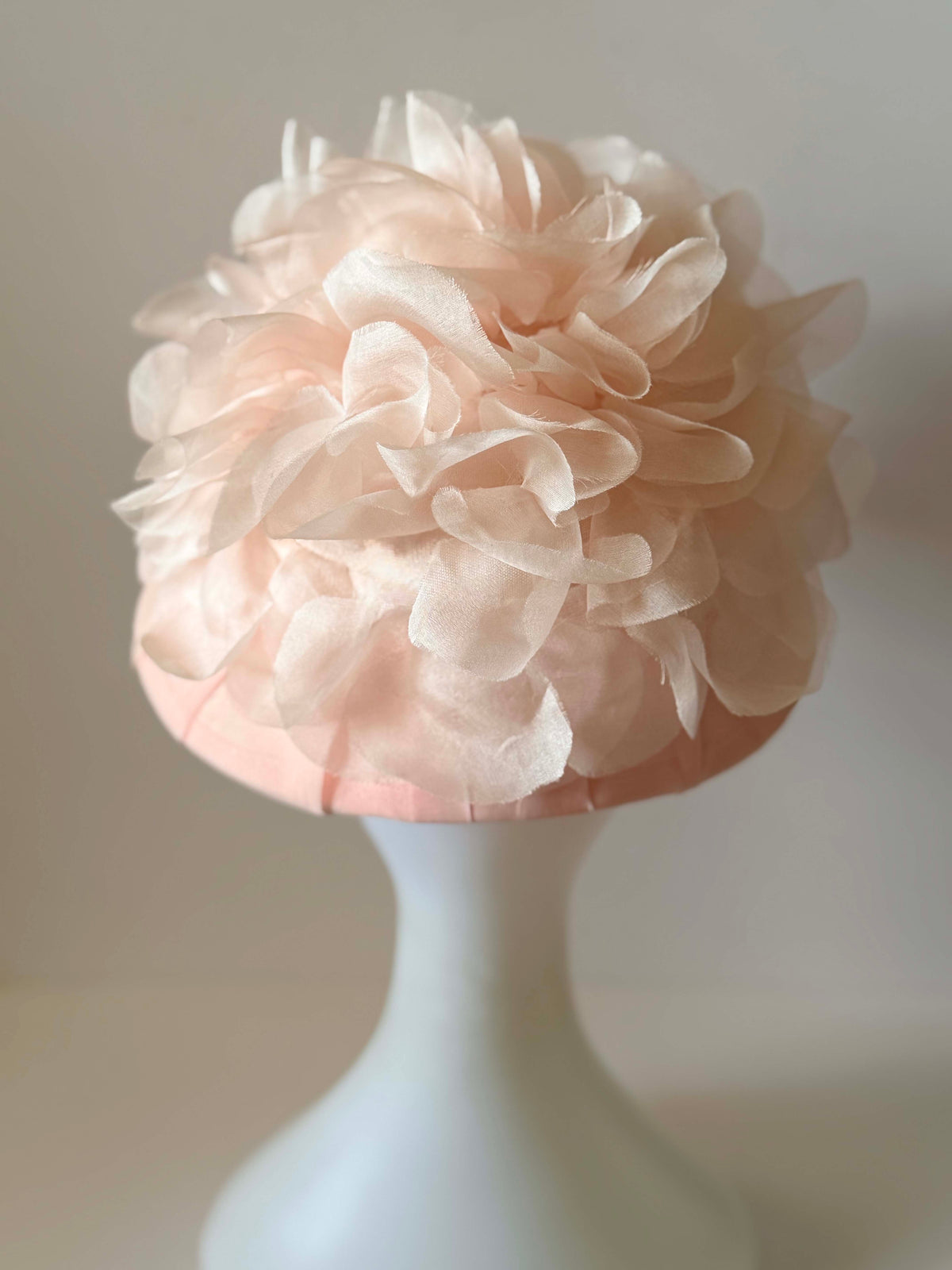 Vintage 1960s Blush Pink Pleated Cocktail Hat Sheer Organza Floral Ruffle Trim Women's Mid Century Millinery Bridal Hat