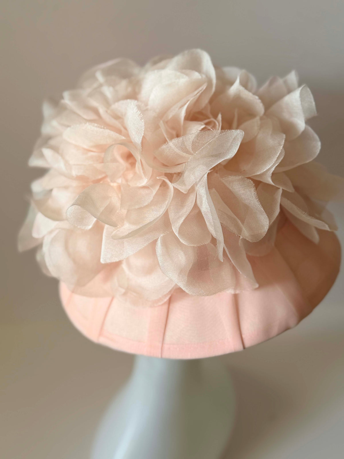 Vintage 1960s Blush Pink Pleated Cocktail Hat Sheer Organza Floral Ruffle Trim Women's Mid Century Millinery Bridal Hat