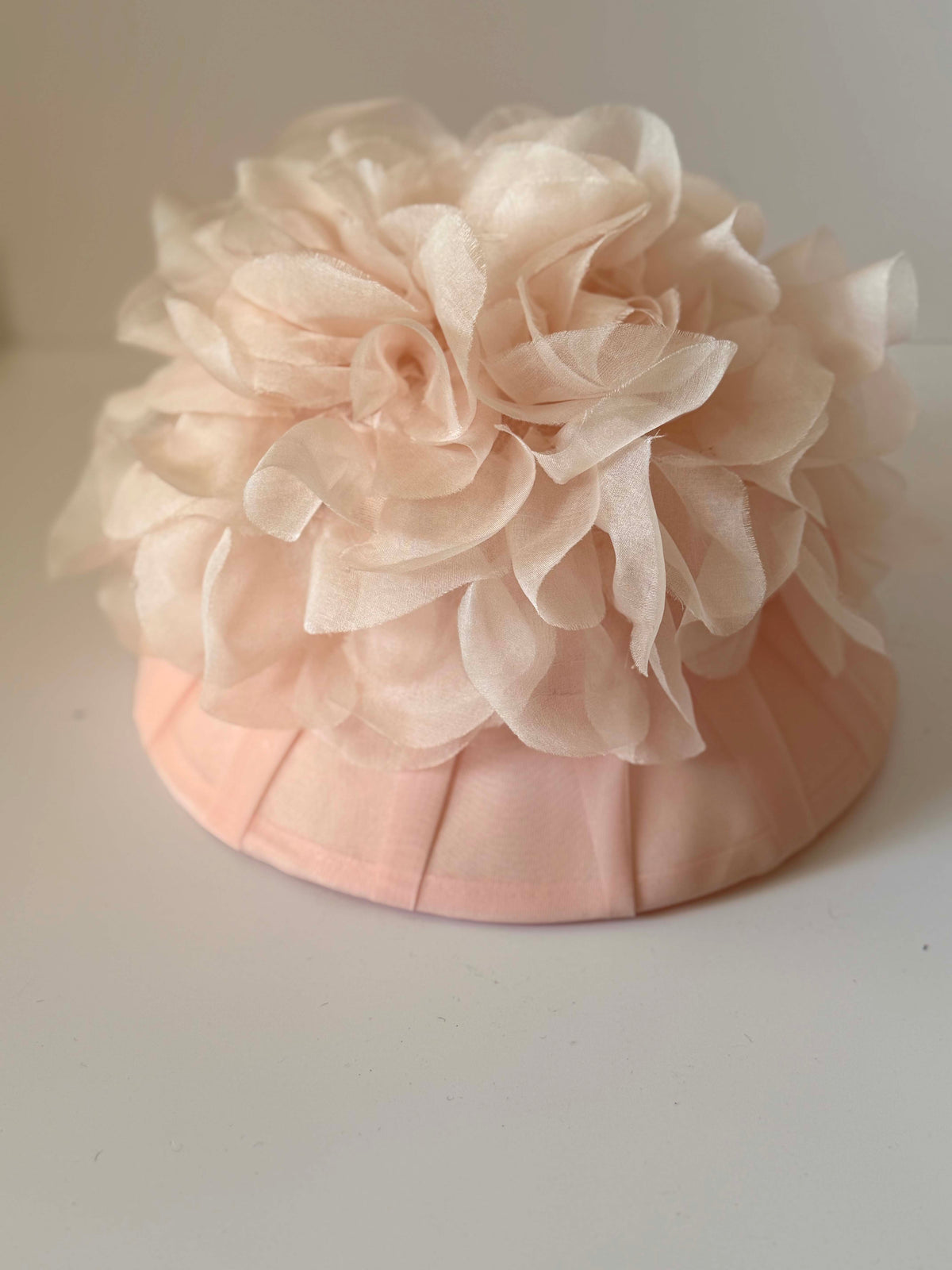 Vintage 1960s Blush Pink Pleated Cocktail Hat Sheer Organza Floral Ruffle Trim Women's Mid Century Millinery Bridal Hat