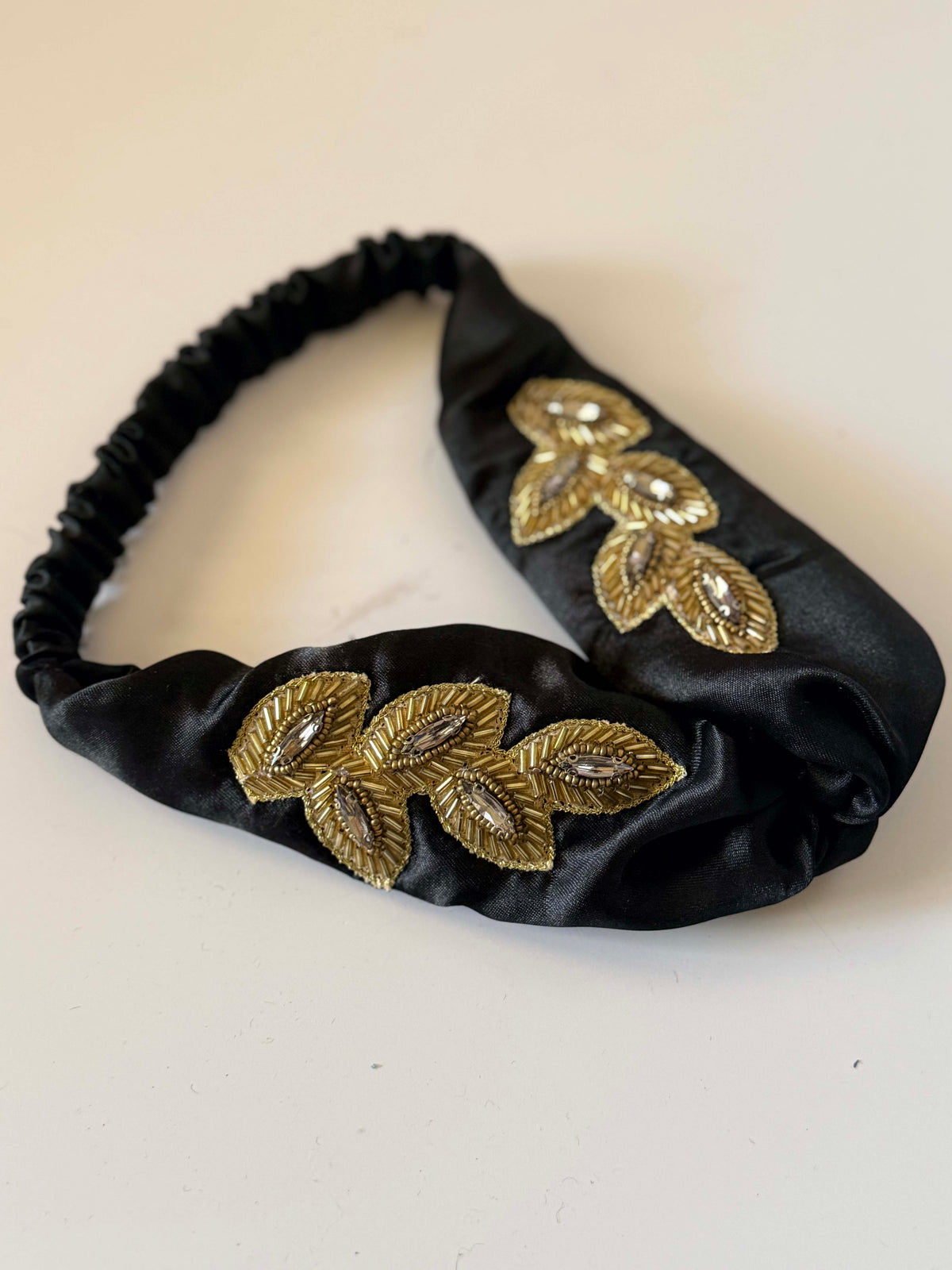 Vintage 1960s Black Satin Bandeau Headband Gold Beaded Leaf Rhinestone Women's Evening Cocktail Hair Accessory Headpiece