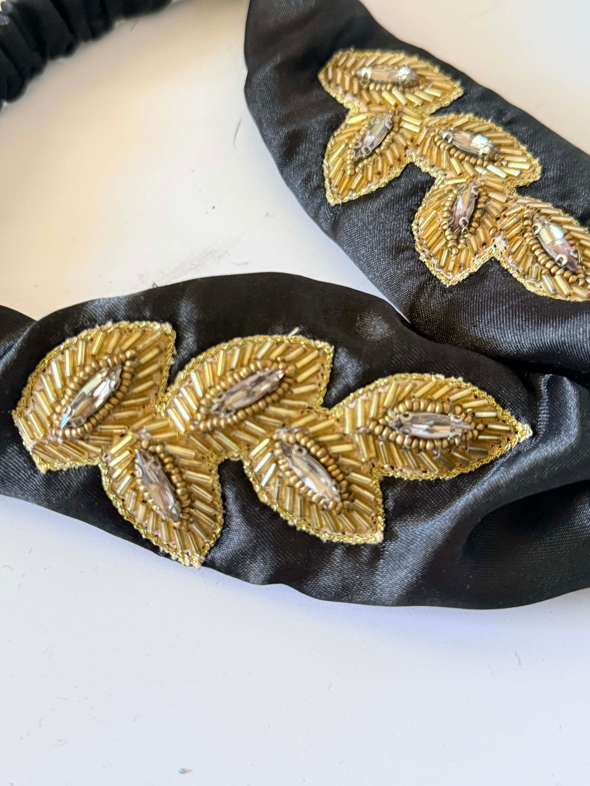 Vintage 1960s Black Satin Bandeau Headband Gold Beaded Leaf Rhinestone Women's Evening Cocktail Hair Accessory Headpiece