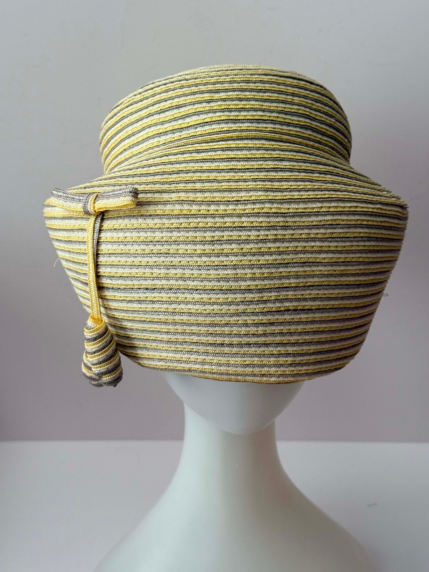 Vintage 1950s Jack McConnell Fair Hat – Yellow Gray Striped Straw Tilt Hat Mid Century Couture Millinery