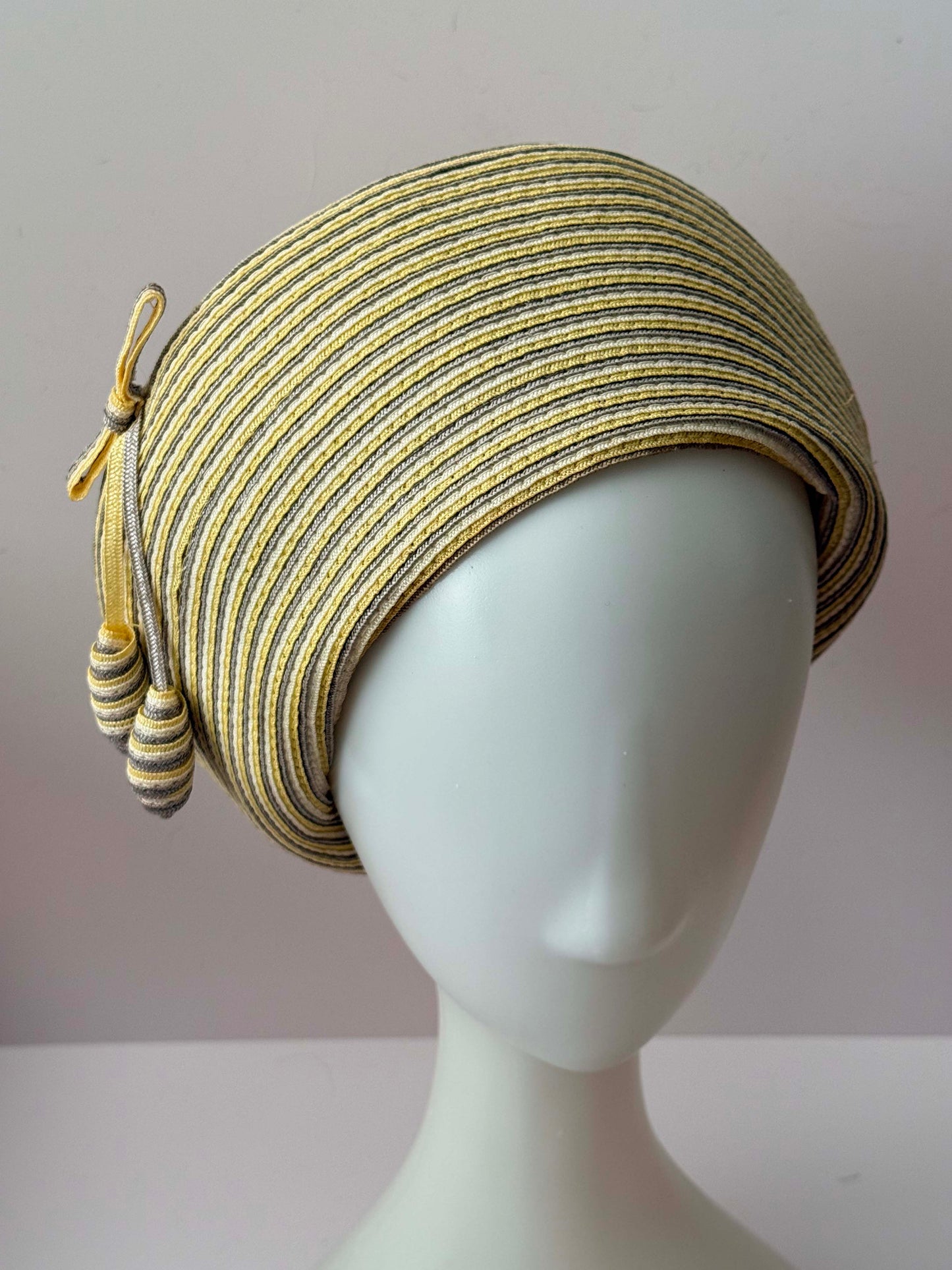 Vintage 1950s Jack McConnell Fair Hat – Yellow Gray Striped Straw Tilt Hat Mid Century Couture Millinery