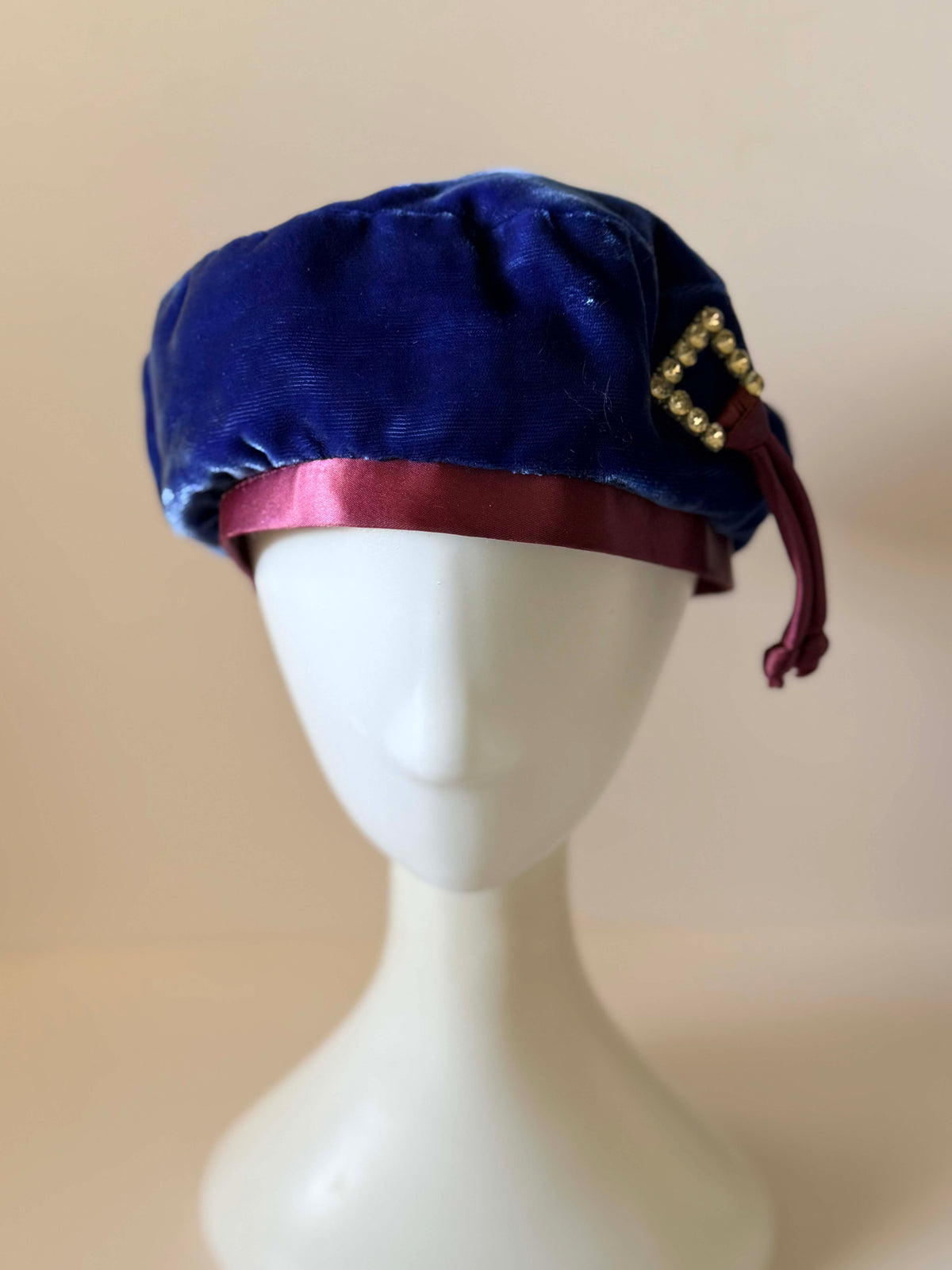 Vintage 1950s Royal Blue Velvet Cocktail Hat Burgundy Satin Rhinestone Buckle Women's Mid Century Evening Millinery