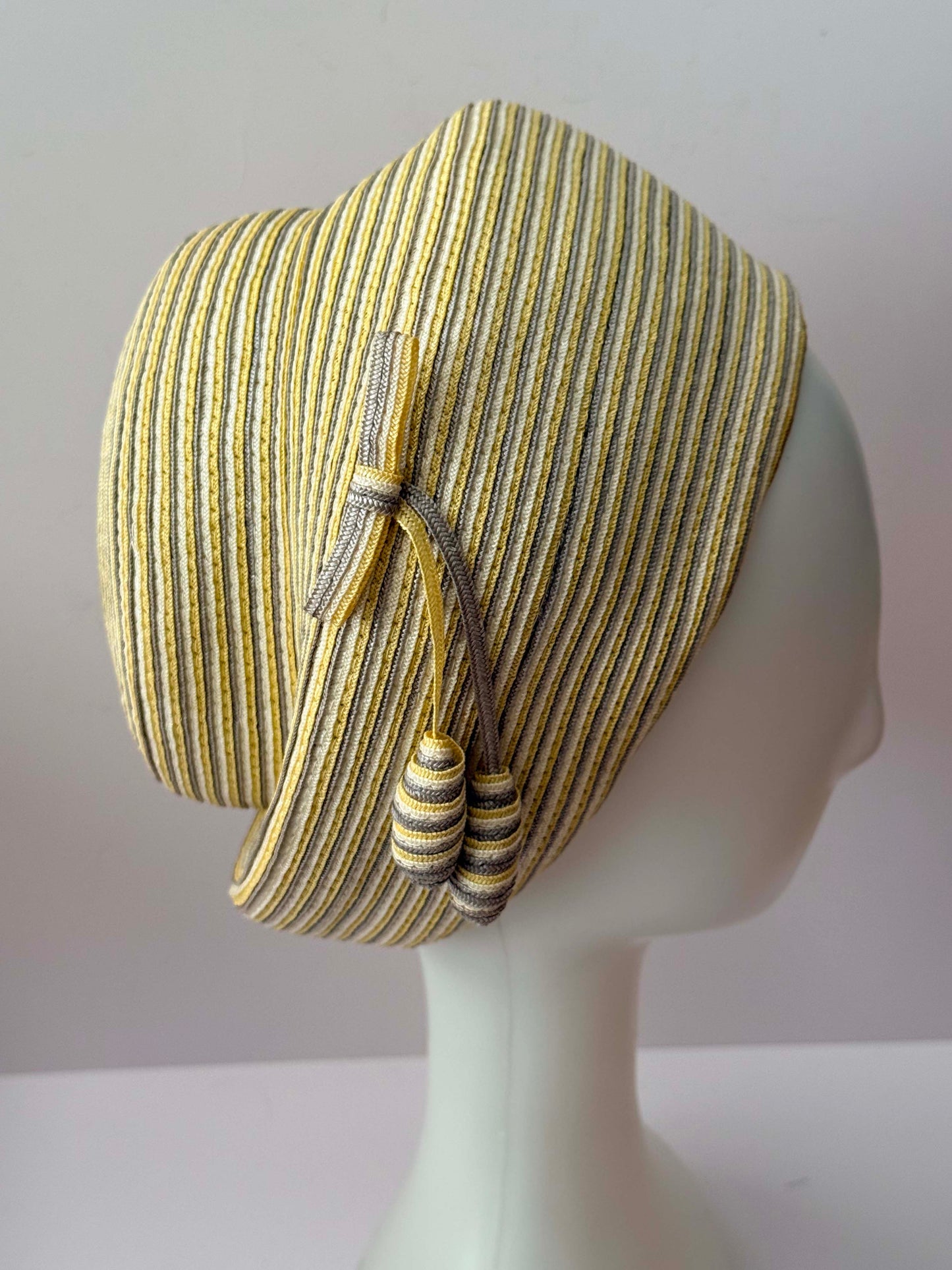 Vintage 1950s Jack McConnell Fair Hat – Yellow Gray Striped Straw Tilt Hat Mid Century Couture Millinery