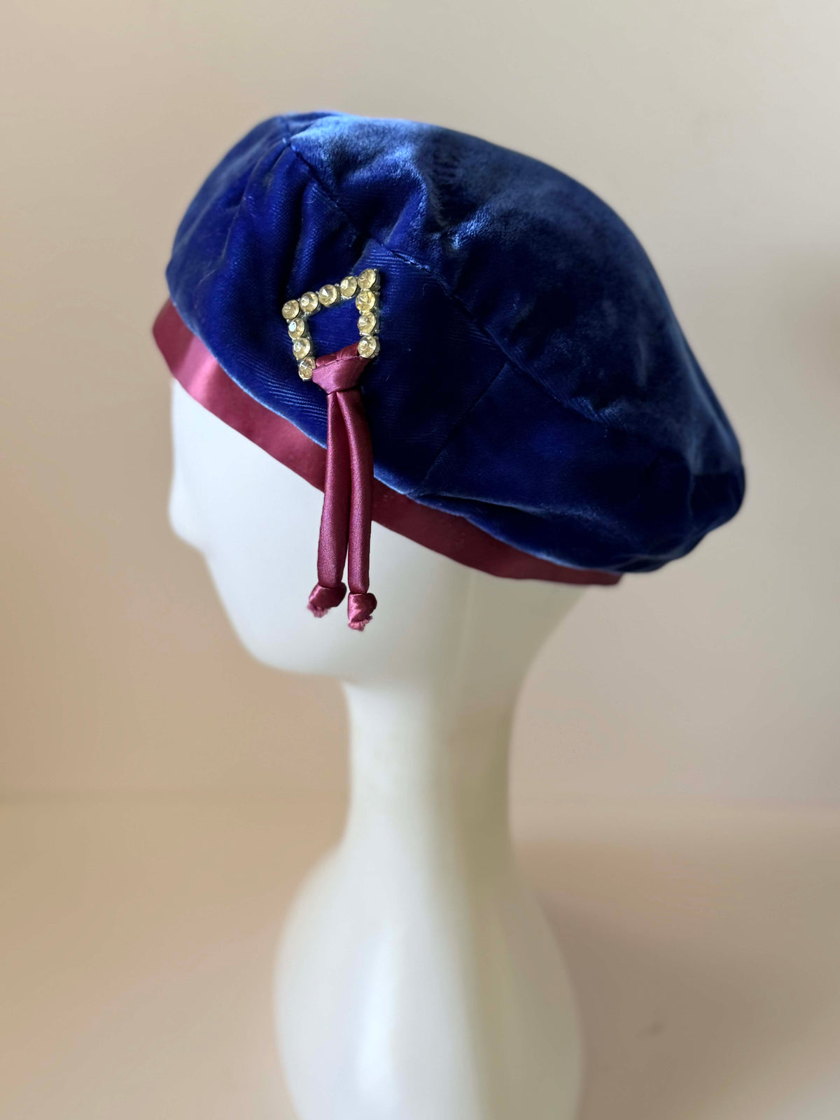 Vintage 1950s Royal Blue Velvet Cocktail Hat Burgundy Satin Rhinestone Buckle Women's Mid Century Evening Millinery