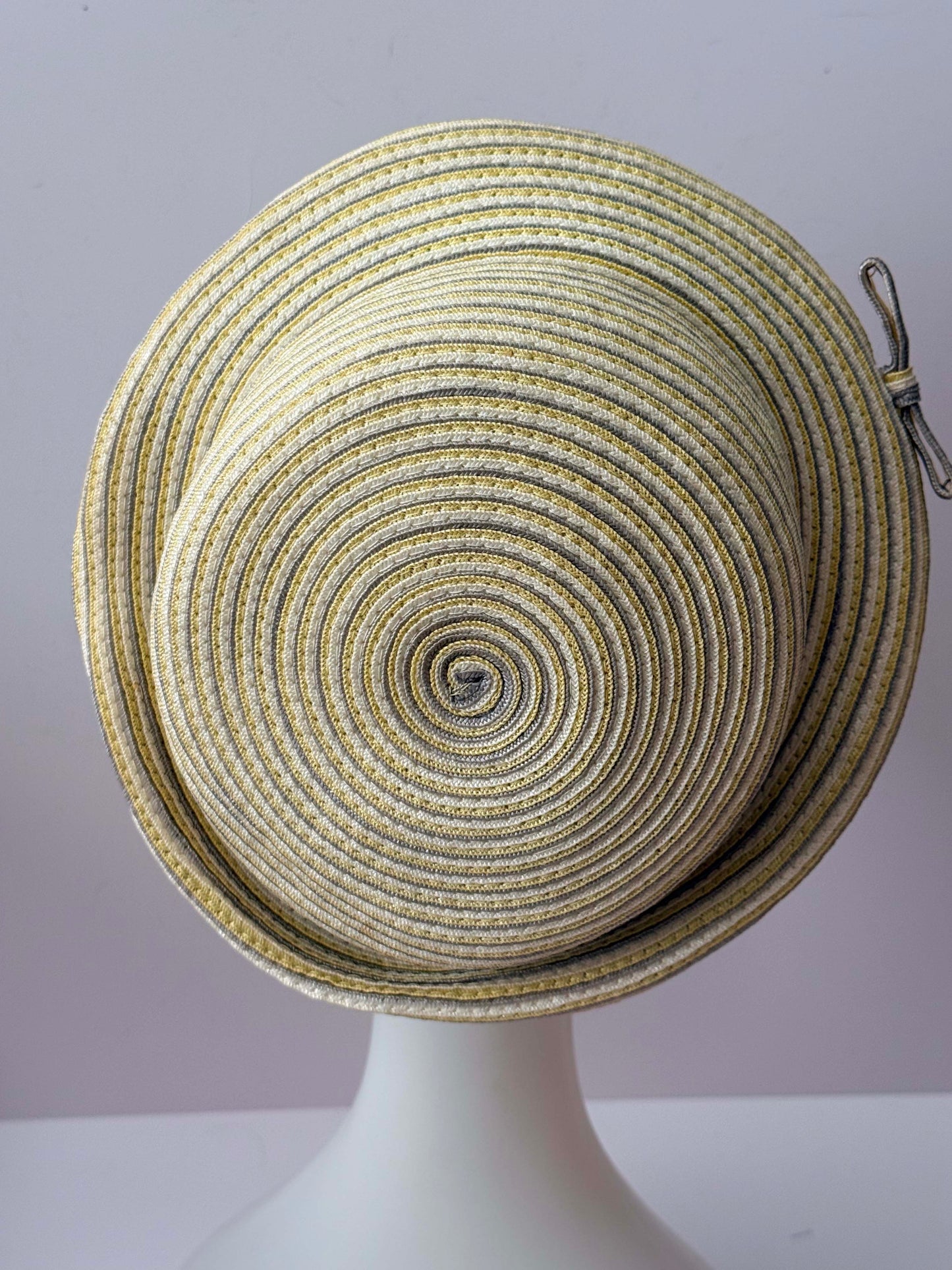 Vintage 1950s Jack McConnell Fair Hat – Yellow Gray Striped Straw Tilt Hat Mid Century Couture Millinery