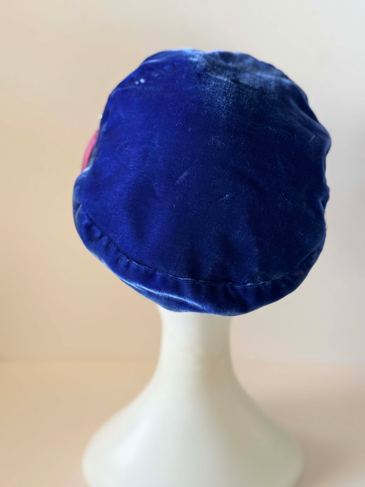 Vintage 1950s Royal Blue Velvet Cocktail Hat Burgundy Satin Rhinestone Buckle Women's Mid Century Evening Millinery