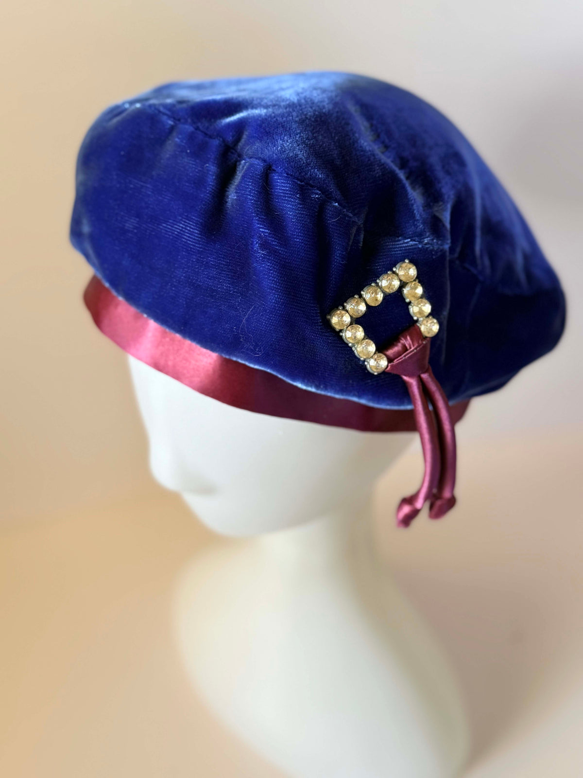 Vintage 1950s Royal Blue Velvet Cocktail Hat Burgundy Satin Rhinestone Buckle Women's Mid Century Evening Millinery