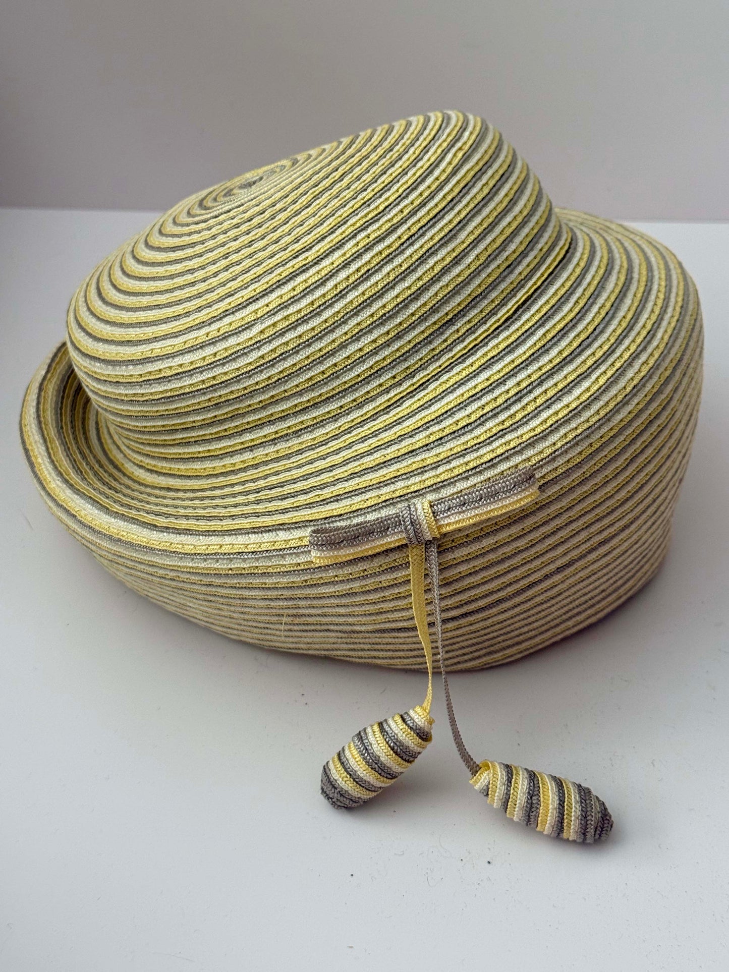 Vintage 1950s Jack McConnell Fair Hat – Yellow Gray Striped Straw Tilt Hat Mid Century Couture Millinery