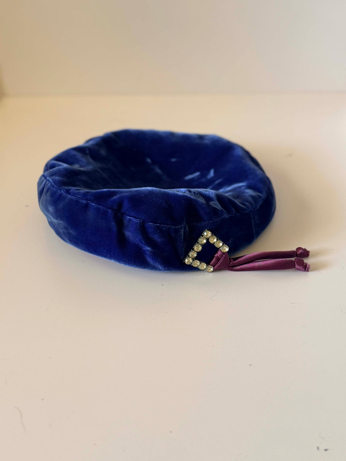 Vintage 1950s Royal Blue Velvet Cocktail Hat Burgundy Satin Rhinestone Buckle Women's Mid Century Evening Millinery