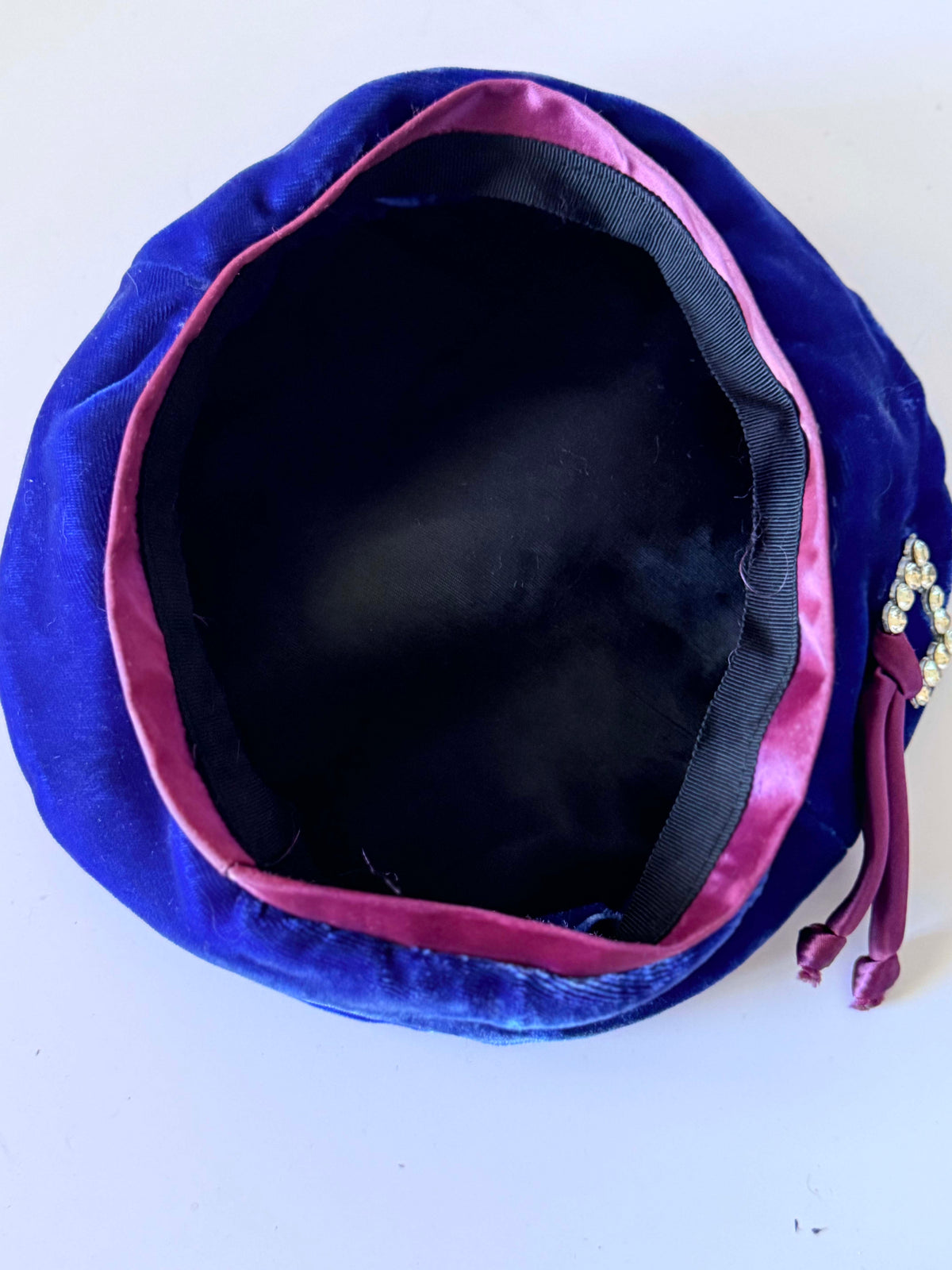 Vintage 1950s Royal Blue Velvet Cocktail Hat Burgundy Satin Rhinestone Buckle Women's Mid Century Evening Millinery