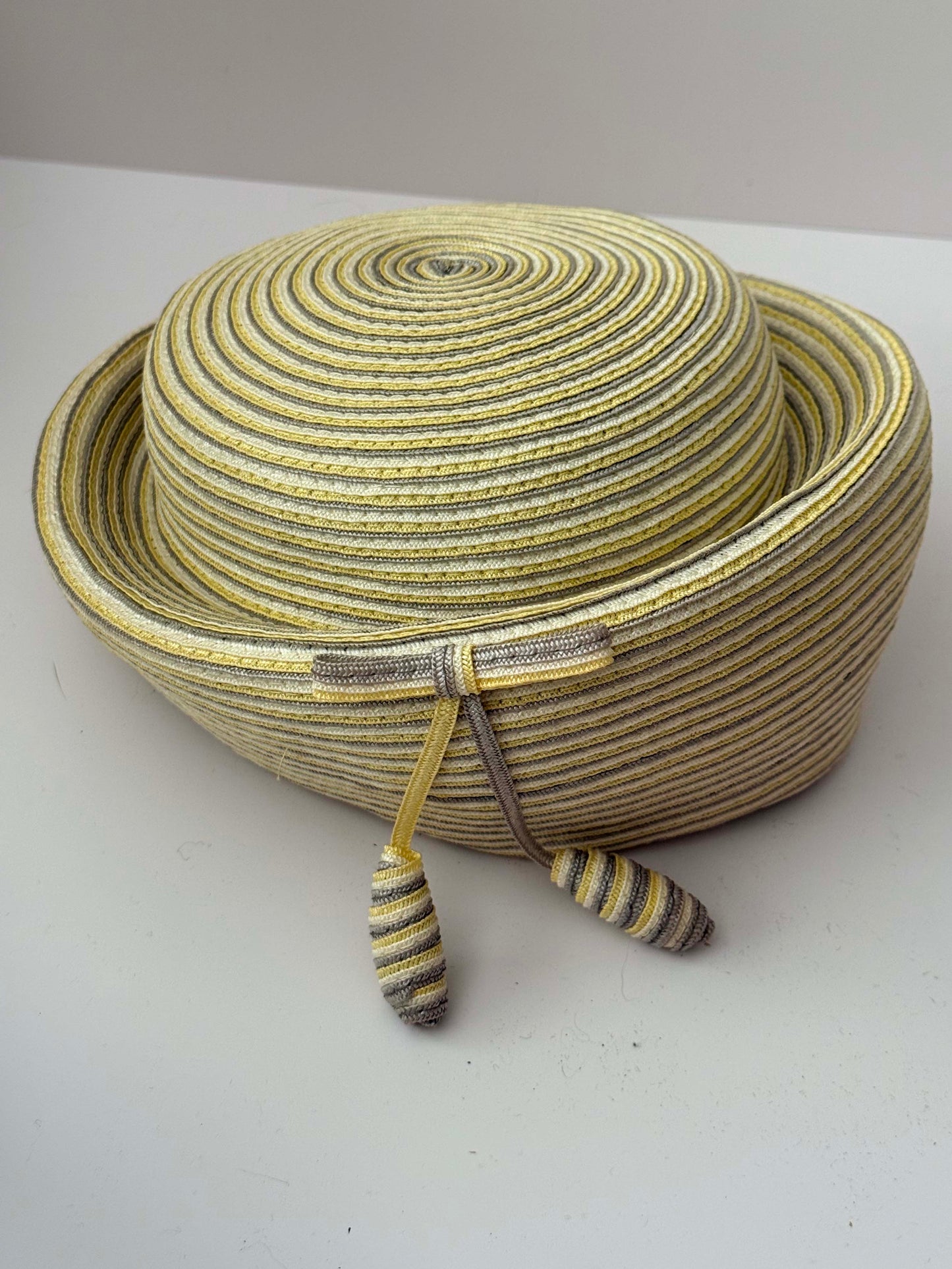 Vintage 1950s Jack McConnell Fair Hat – Yellow Gray Striped Straw Tilt Hat Mid Century Couture Millinery