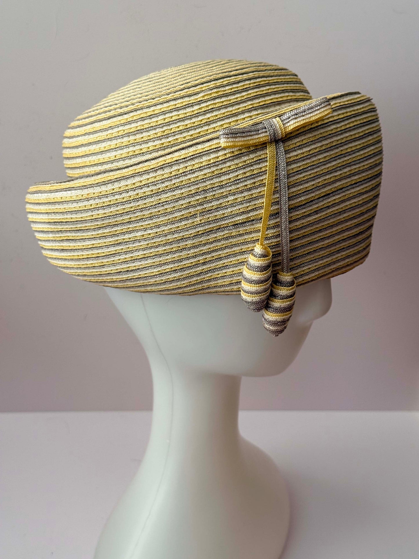 Vintage 1950s Jack McConnell Fair Hat – Yellow Gray Striped Straw Tilt Hat Mid Century Couture Millinery