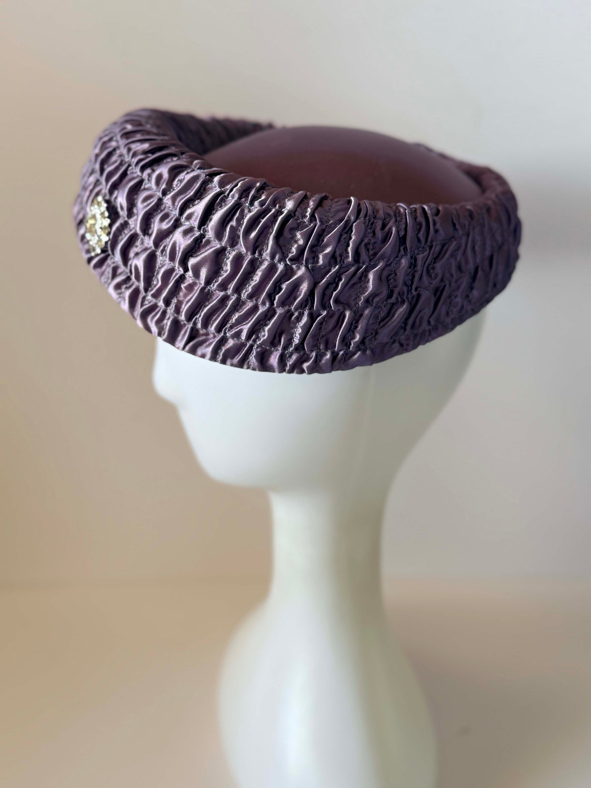 Vintage 1950s Plum Purple Satin Half Hat Ruched Rhinestone Brooch Women's Cocktail Wedding Mid Century Millinery