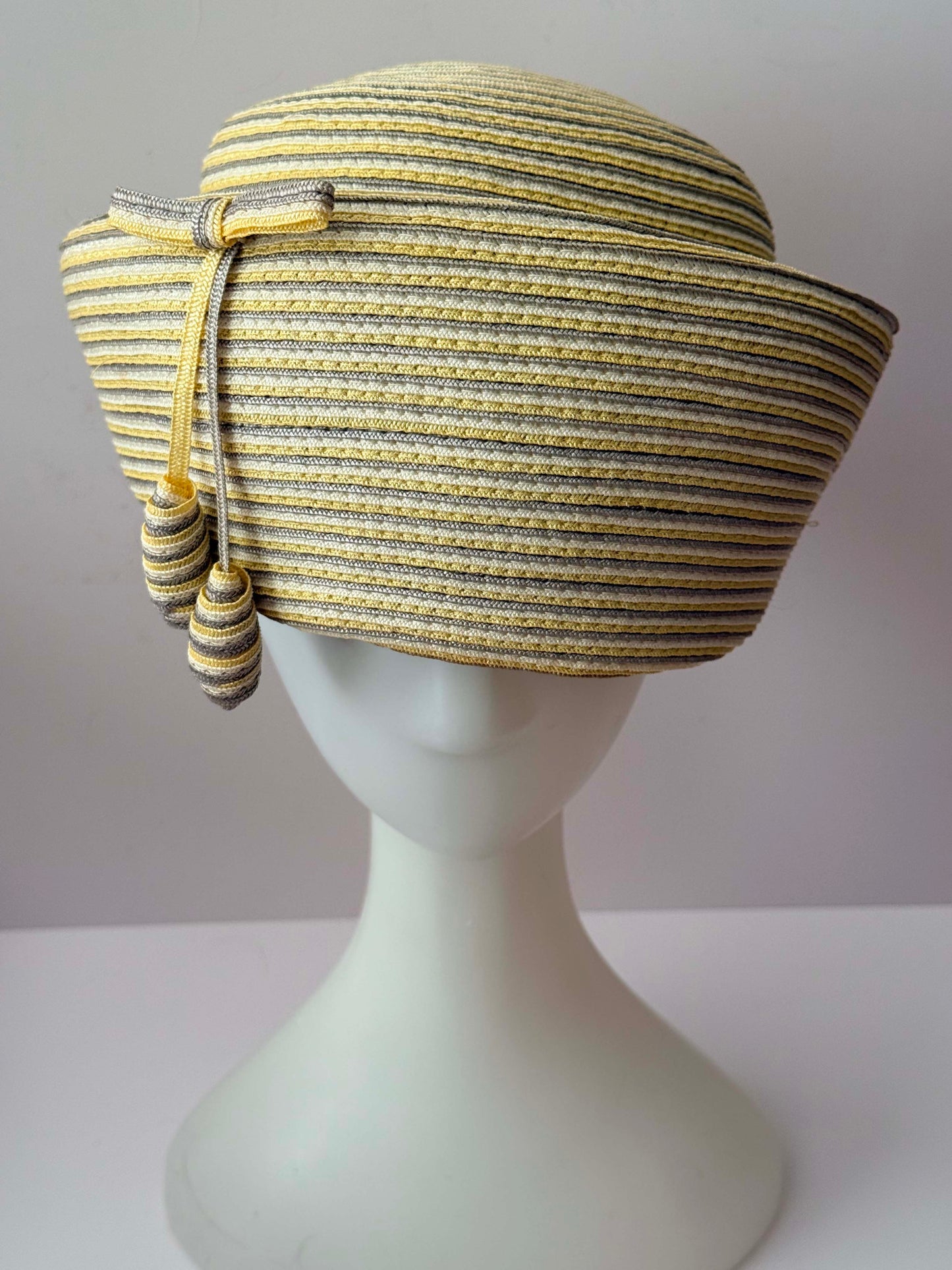 Vintage 1950s Jack McConnell Fair Hat – Yellow Gray Striped Straw Tilt Hat Mid Century Couture Millinery