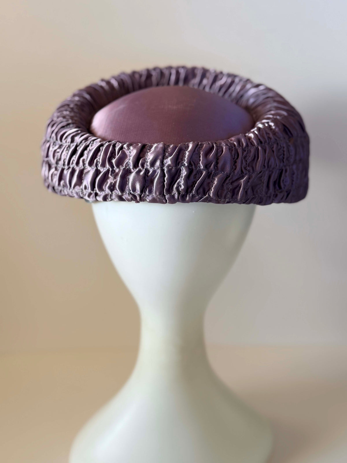 Vintage 1950s Plum Purple Satin Half Hat Ruched Rhinestone Brooch Women's Cocktail Wedding Mid Century Millinery