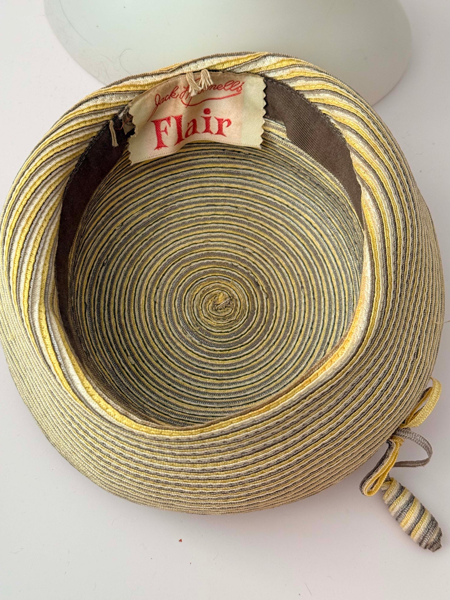 Vintage 1950s Jack McConnell Fair Hat – Yellow Gray Striped Straw Tilt Hat Mid Century Couture Millinery