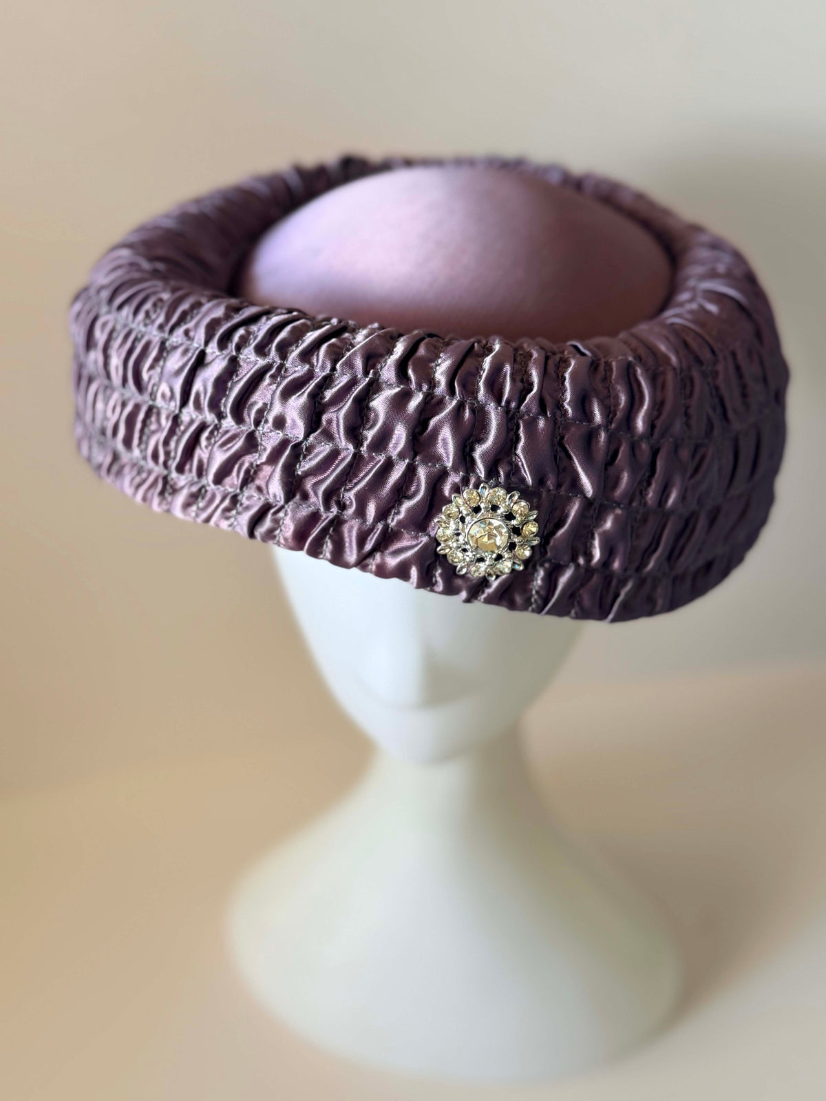 Vintage 1950s Plum Purple Satin Half Hat Ruched Rhinestone Brooch Women's Cocktail Wedding Mid Century Millinery