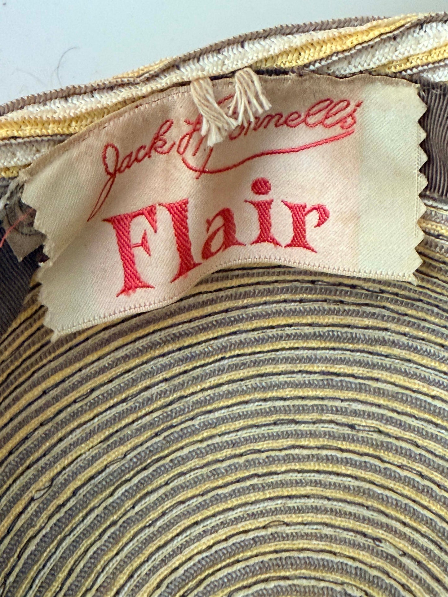 Vintage 1950s Jack McConnell Fair Hat – Yellow Gray Striped Straw Tilt Hat Mid Century Couture Millinery