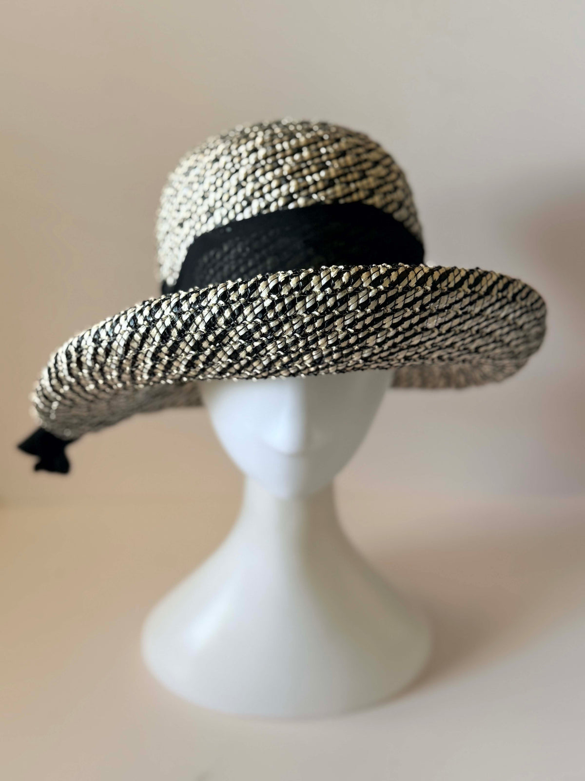Vintage 1950s Angel Black Ivory Woven Straw Wide Brim Hat Black Chiffon Scarf Bow Women's Mid Century Summer Hat