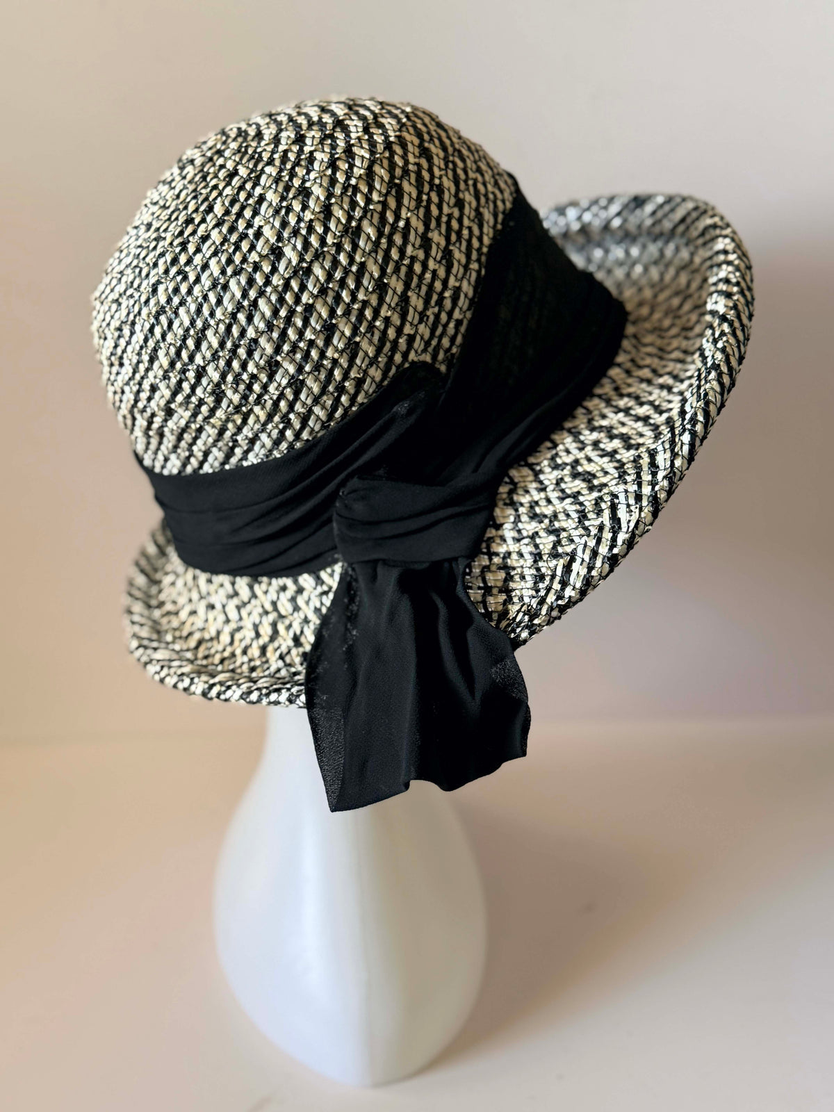 Vintage 1950s Angel Black Ivory Woven Straw Wide Brim Hat Black Chiffon Scarf Bow Women's Mid Century Summer Hat