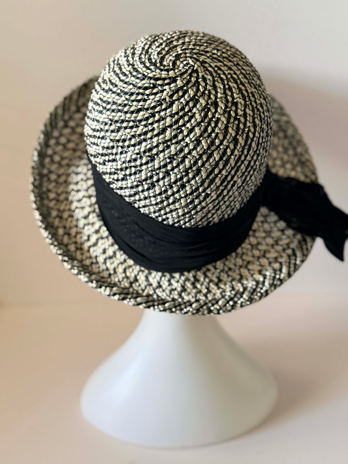 Vintage 1950s Angel Black Ivory Woven Straw Wide Brim Hat Black Chiffon Scarf Bow Women's Mid Century Summer Hat
