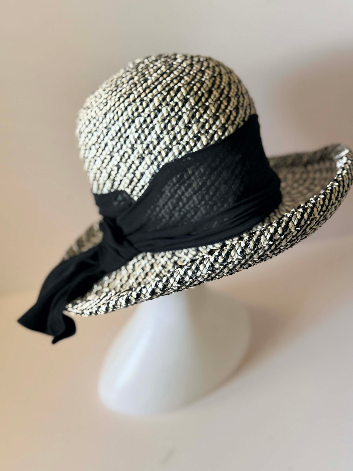 Vintage 1950s Angel Black Ivory Woven Straw Wide Brim Hat Black Chiffon Scarf Bow Women's Mid Century Summer Hat