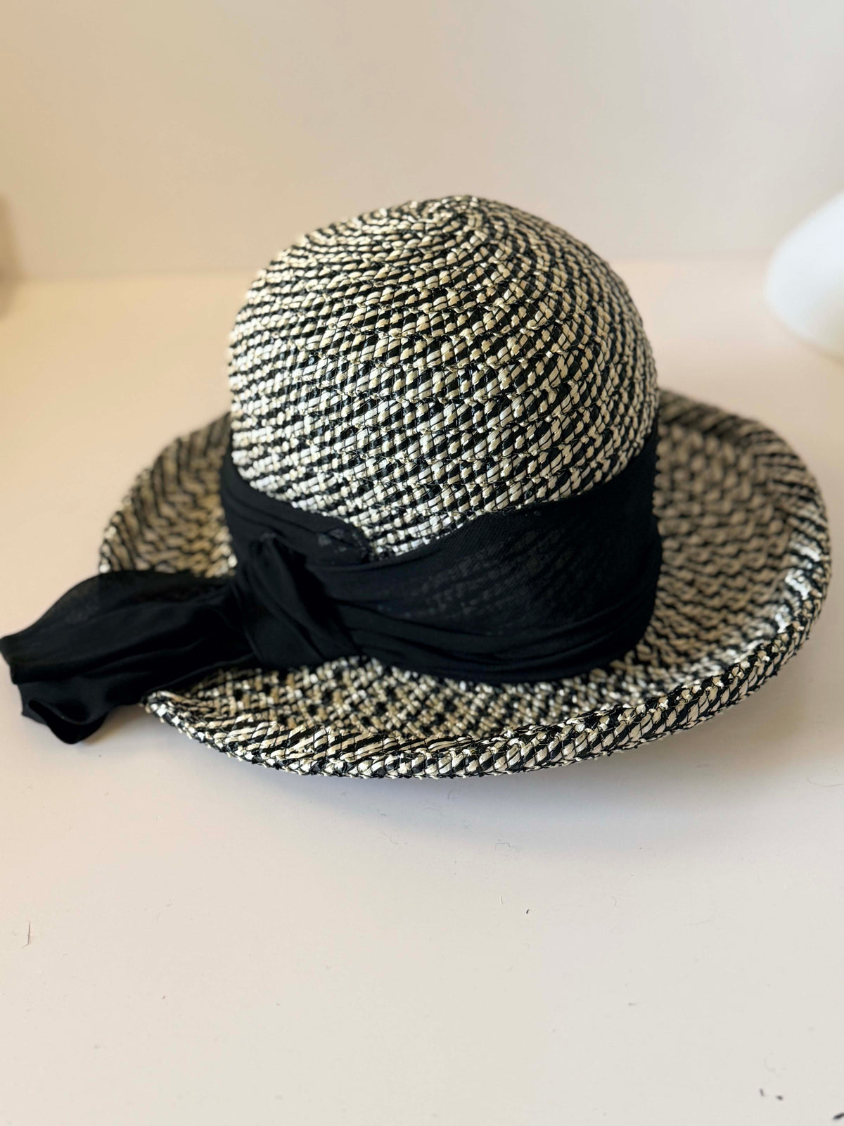 Vintage 1950s Angel Black Ivory Woven Straw Wide Brim Hat Black Chiffon Scarf Bow Women's Mid Century Summer Hat