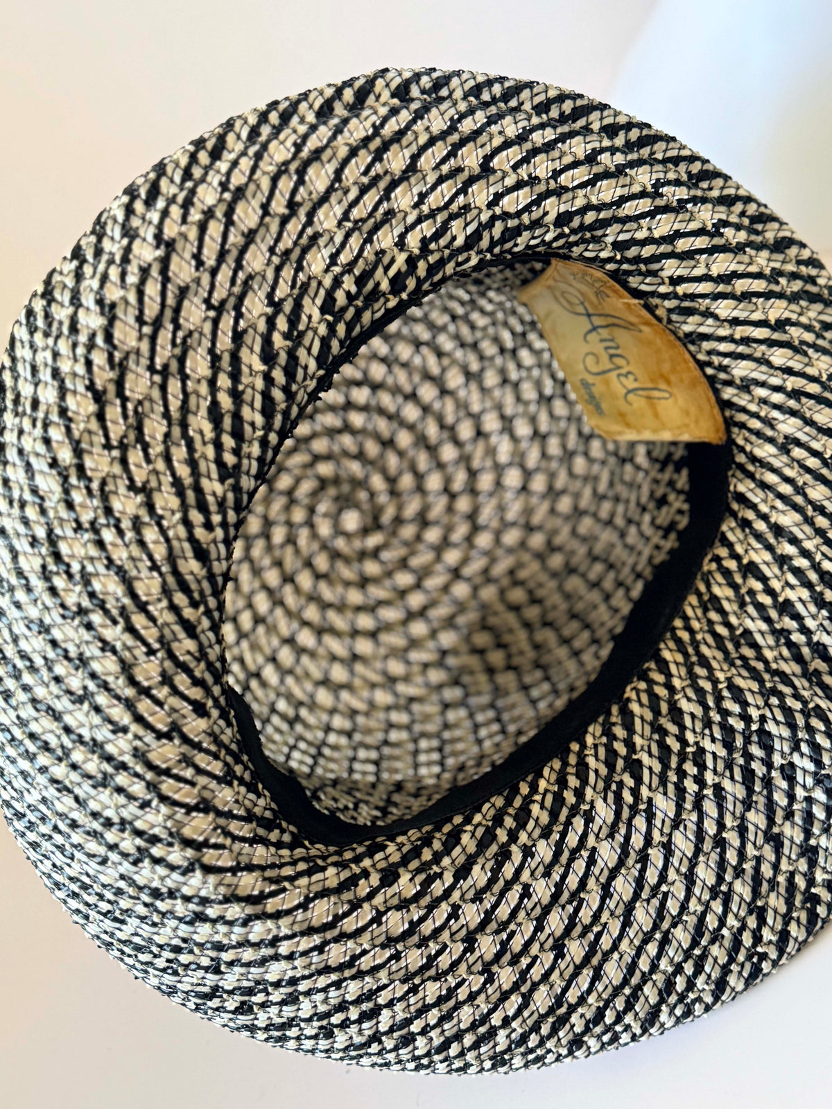 Vintage 1950s Angel Black Ivory Woven Straw Wide Brim Hat Black Chiffon Scarf Bow Women's Mid Century Summer Hat