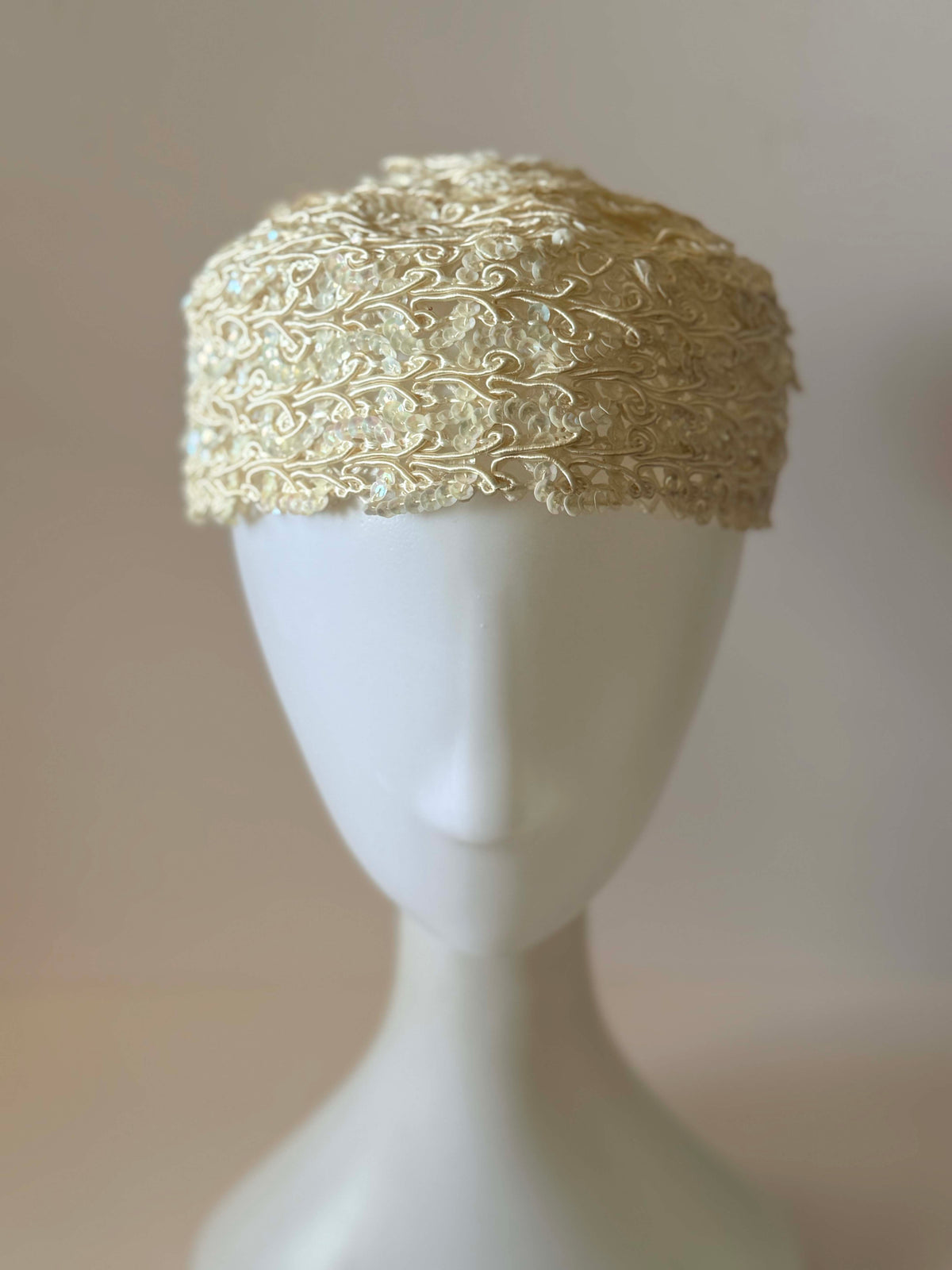 Vintage 1950s Ivory Sequin Pillbox Hat Soutache Embroidery Bridal Wedding Cocktail Women's Mid Century Millinery