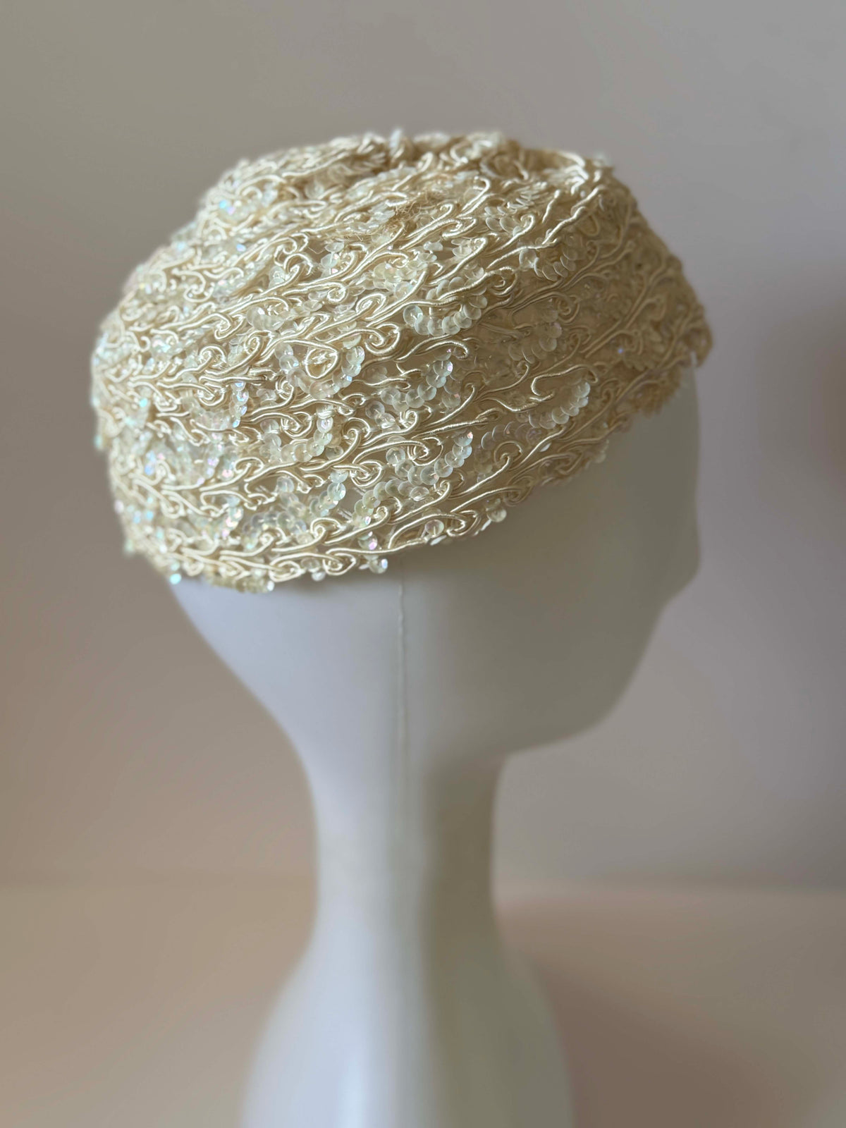 Vintage 1950s Ivory Sequin Pillbox Hat Soutache Embroidery Bridal Wedding Cocktail Women's Mid Century Millinery