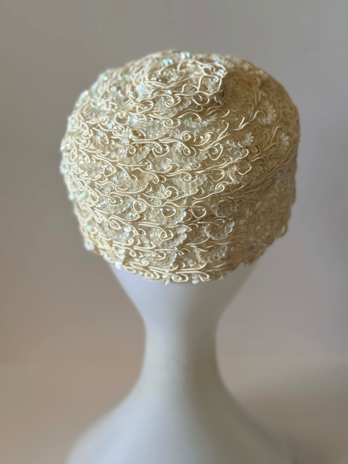 Vintage 1950s Ivory Sequin Pillbox Hat Soutache Embroidery Bridal Wedding Cocktail Women's Mid Century Millinery