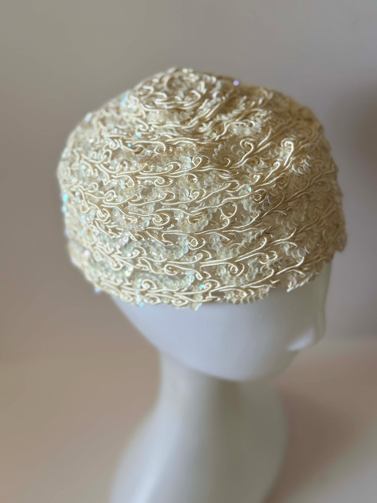 Vintage 1950s Ivory Sequin Pillbox Hat Soutache Embroidery Bridal Wedding Cocktail Women's Mid Century Millinery