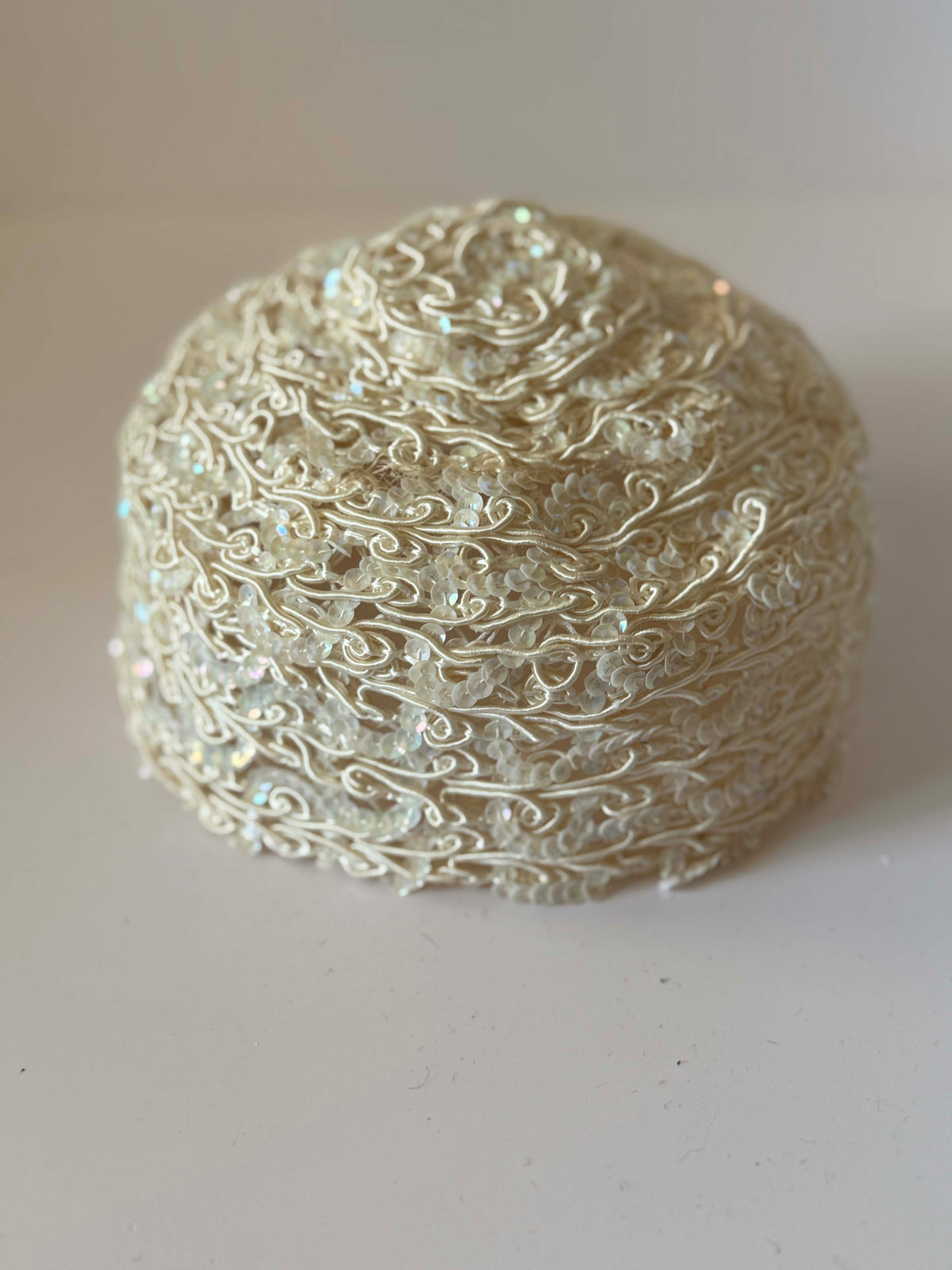Vintage 1950s Ivory Sequin Pillbox Hat Soutache Embroidery Bridal Wedding Cocktail Women's Mid Century Millinery