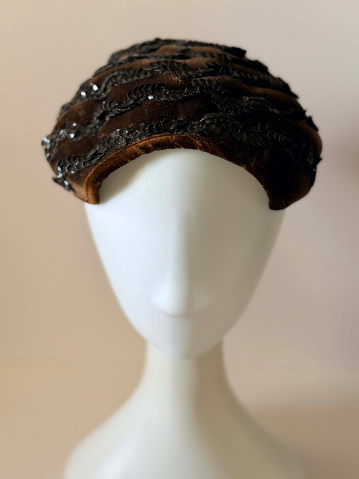 Vintage 1940s Brown Velvet Sequin Half Hat Black Sequin Swirl Cocktail Hat Women's WWII Era Sculptural Millinery