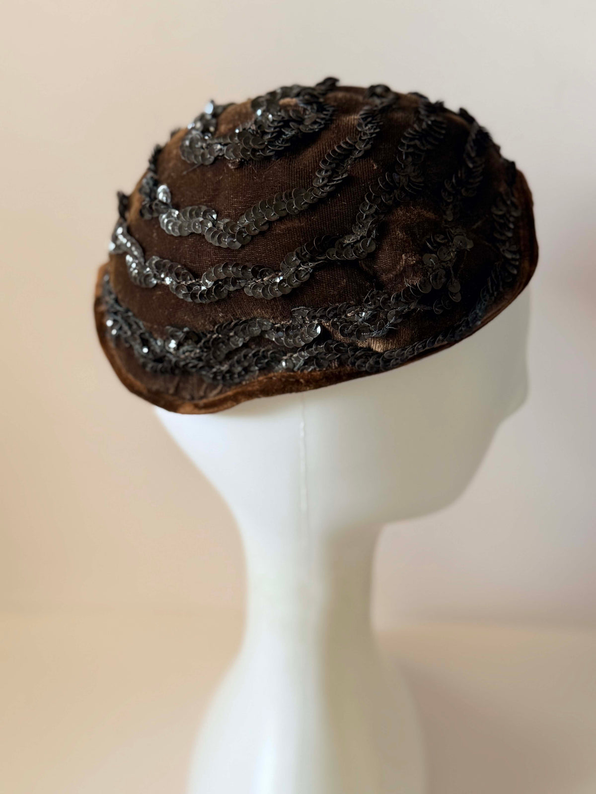 Vintage 1940s Brown Velvet Sequin Half Hat Black Sequin Swirl Cocktail Hat Women's WWII Era Sculptural Millinery