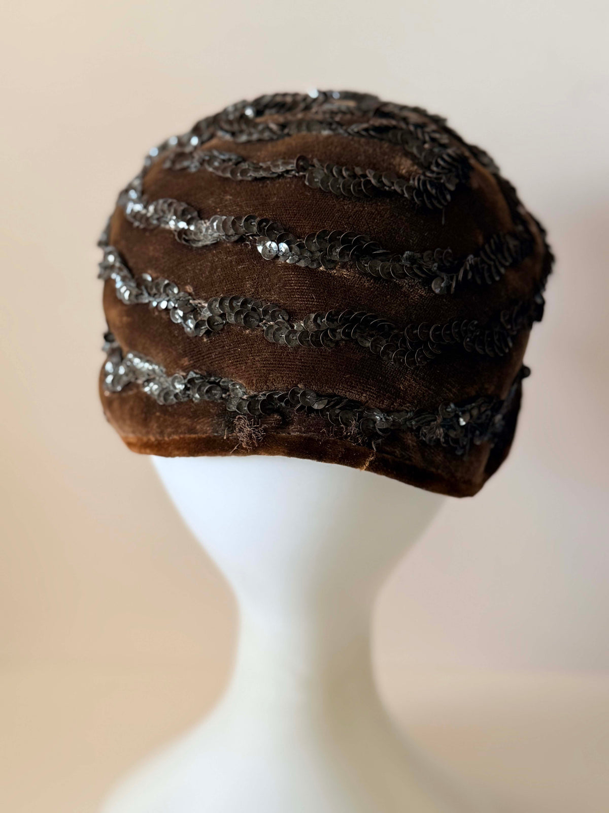 Vintage 1940s Brown Velvet Sequin Half Hat Black Sequin Swirl Cocktail Hat Women's WWII Era Sculptural Millinery